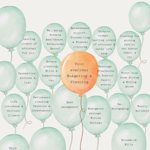 numerous green balloons with financial projects written on them such as retirement plannin. In the centre is an orange balloon with budgeting and planning written on it