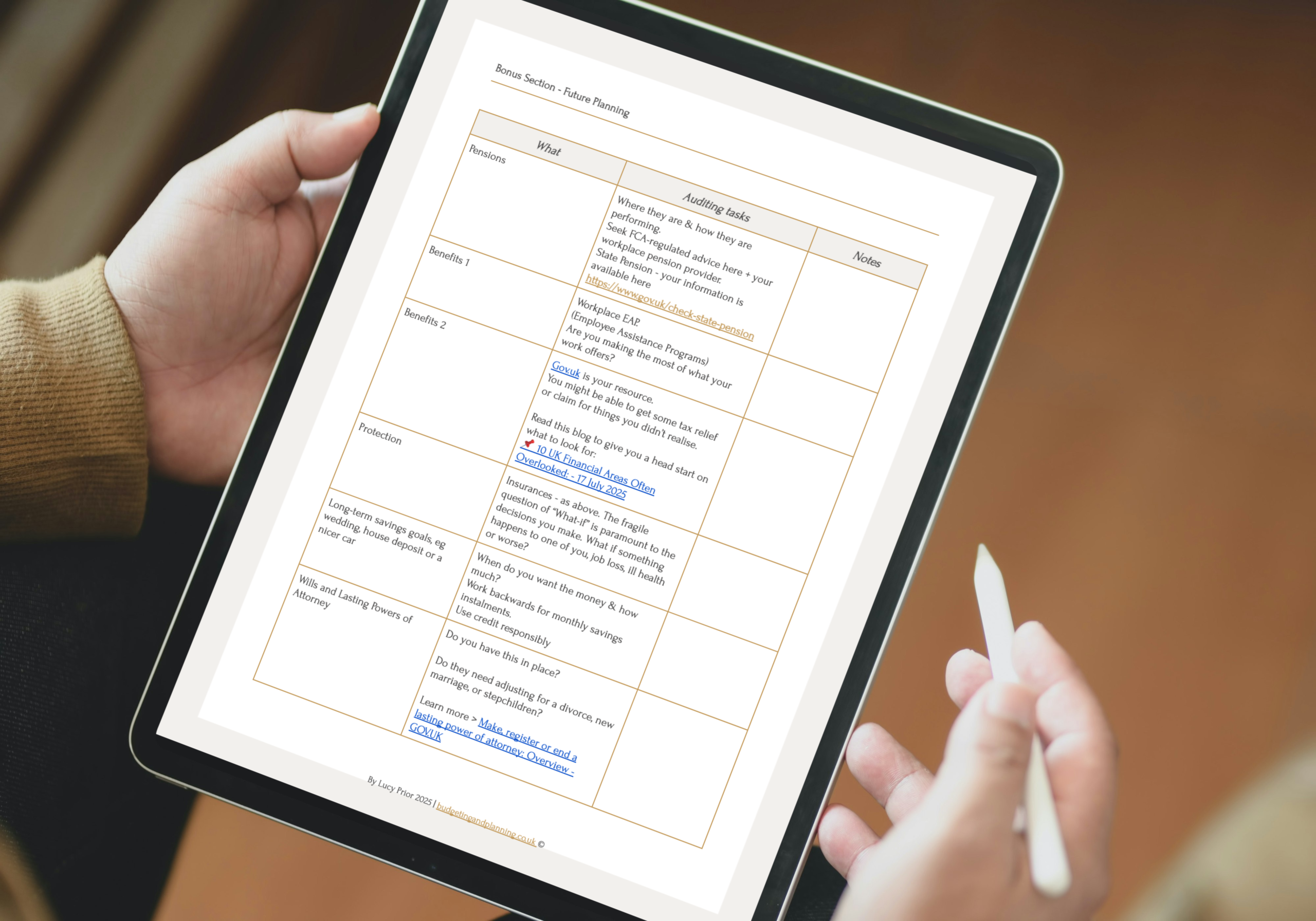 tablet showing a future planning table with clickable links
